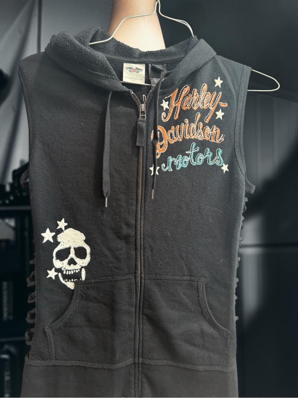 Harley-Davidson Lace-Up Sleeveless Hoodie Vest Medium